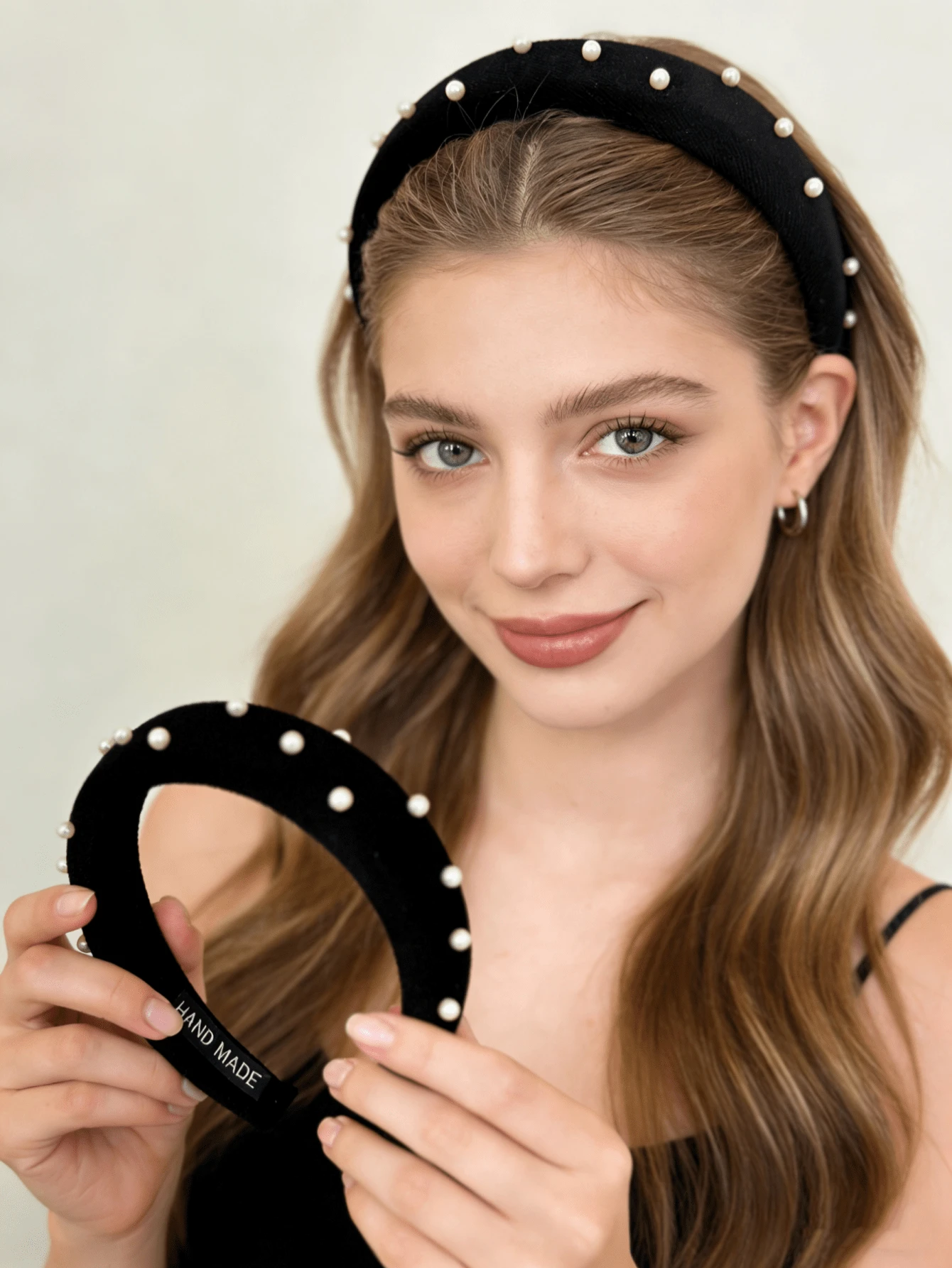 1件黑色天鹅绒手工珍珠发箍，柔软海绵发圈，通勤和约会百搭配饰 - 黑色 - 查看 1