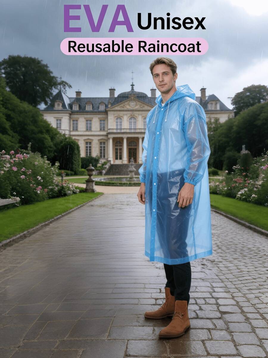 1件男女通用透明可重复使用雨披，加厚全身雨衣，宽松舒适设计，宽檐不遮挡面部，适合通勤、户外活动、雨天出行、紧急情况使用，成人尺码。