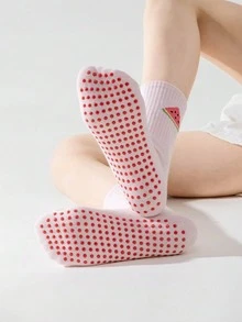 1/3/6 pares de calcetines de yoga para mujer de colores aleatorios, con estampado de cerezas, adecuados para fitness en interiores, danza, pilates, piso del hogar - Multicolor - Ver 2