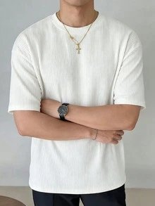 男士休闲日常短袖棉质针织衬衫，适合夏季通勤和居家穿着 - 白色 - 查看 6