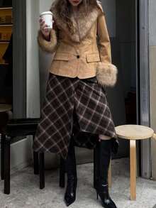 Blazer de terciopelo y piel sintética minimalista de estilo europeo y americano, nueva colección de otoño/invierno de Seelio - Marrón claro - Ver 4