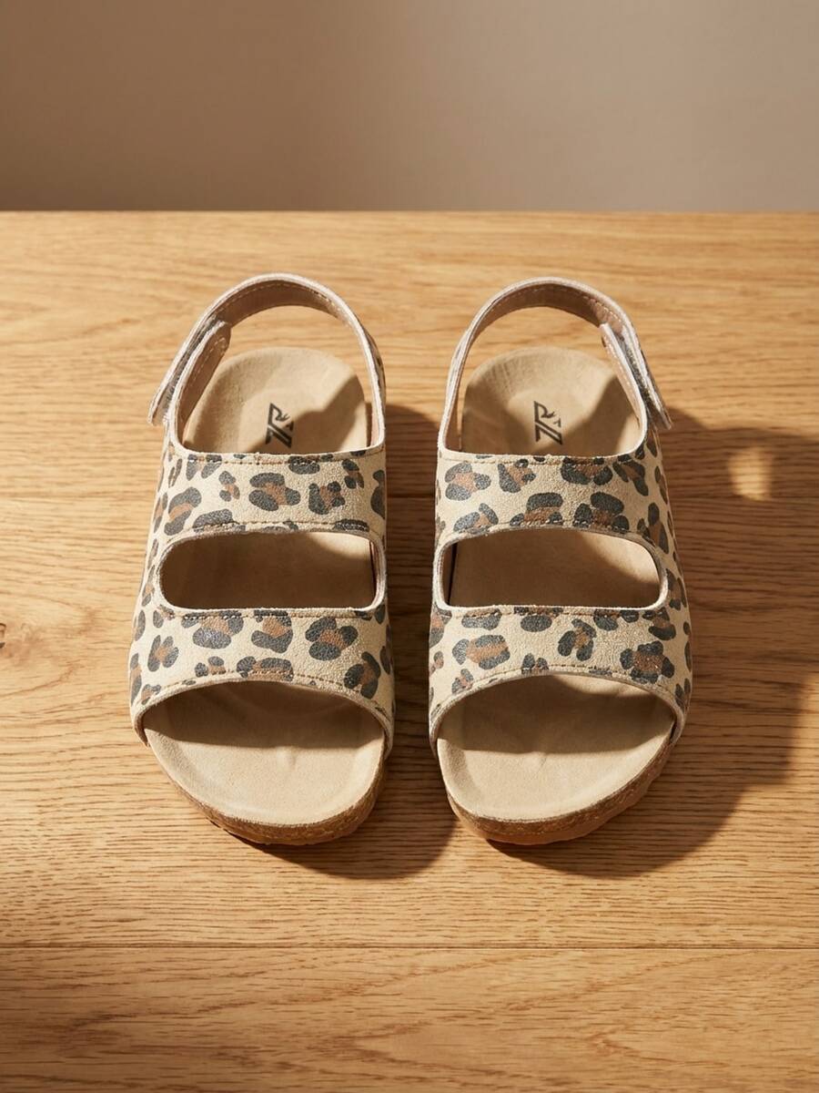 Girls' 3-12 Years Essential Leopard Print Sandals, Canvas Sole + Classic Leopard Pattern, Double Strap Open Toe Design, Adjustable Heel, Soft Cork Midsole + Non-Slip Rubber Sole, Retro Casual Style, Versatile For Daily Wear, Spring/Summer - Maroon - View 1