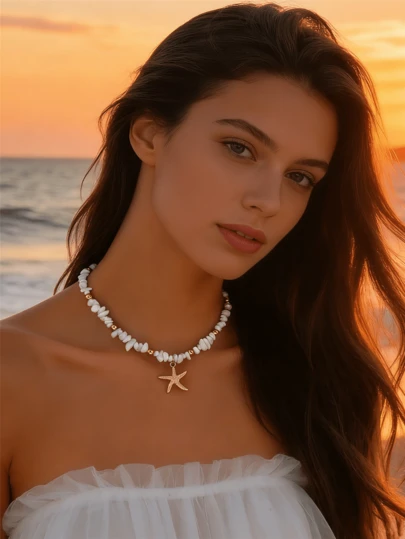 1件不对称贝壳珍珠海星吊坠项链，海滨度假风格项链，适合日常佩戴、海滩度假，手工制作，长度可定制。