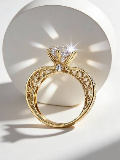 Charm-In Inel de logodnă din cupru placat cu aur de 18K, design vintage filigran Milgrain, tăietură rotundă, cu zirconiu cubic, pentru femei, bijuterii de nuntă