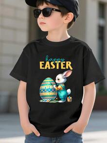 Conejo Pintando Huevo de Pascua Camiseta Estampada para Niño, Estilo Festivo de Primavera, Algodón Suave para Juego Libre, Ideal para Fiestas Familiares, Regalo Único y Cómodo que Expresa su Alegría - Negro - Ver 6
