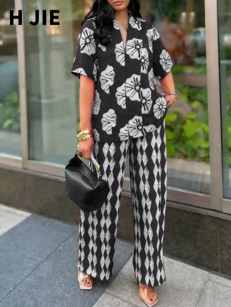 女士两件套印花休闲套装，波西米亚风长裤搭配短袖上衣，适合海滩、度假村、花园、街头休闲等场合，黑色 - 黑色 - 查看 1