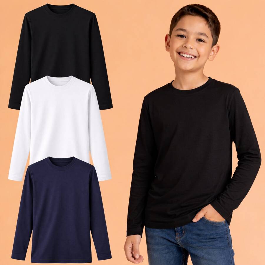Camiseta infantil masculina para o inverno kit 3 peças manga longa casual escolar - Multicolorido - Visão 1