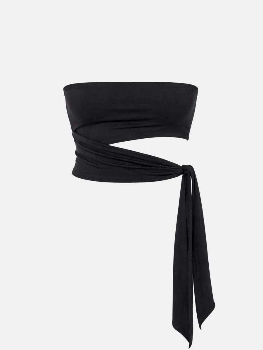 Women's Cropped Top With Bandeau Detail, Polyamide, Front Tie Detail, Cutout, International Fashion - màu đen - Xem 1