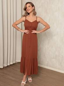 Elegant Women's Long Dress With Padded Cups, Lining, Adjustable Straps, And Front Buttons - Burnt Orange - View 5