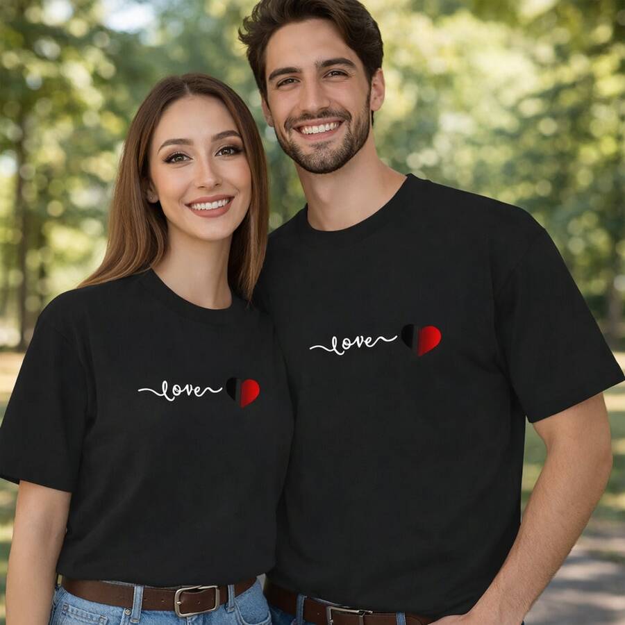 Camiseta con estampado de corazones "Love" a juego para parejas, camisetas blancas para uso diario, regalos de cumpleaños, regalos de Halloween o como camiseta conmemorativa para amigos o seres queridos, también adecuada como suéter. Entrega rápida. - Mujer oscura - Ver 1