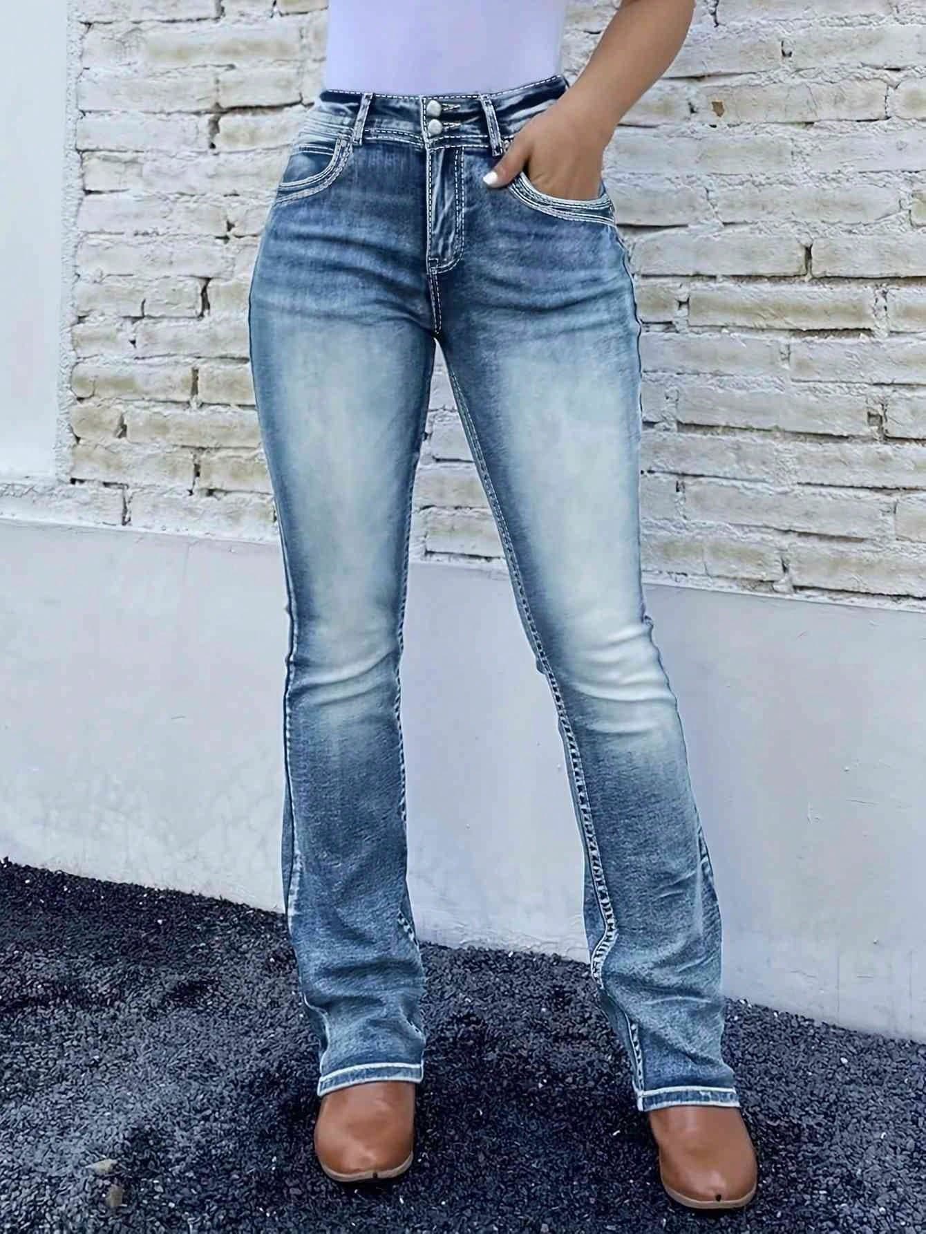 Women's High Waist Stretch Flare Jeans With Acid Wash Detail, Retro Unique Design, Casual Elegant Jeans - 中等水洗藍 - 查看 1