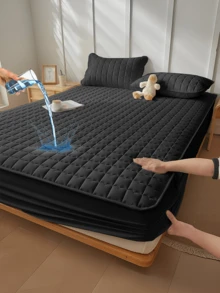 1pc Waterproof Fitted Sheet, Bedding, Skin-Friendly Mattress Cover, Soft And Comfortable Bedding For Bedroom, For All Seasons, Room Decor, Fall Decor, Halloween Gift, 11.8 Inch Deep Pocket Cooling Breathable Quilted Square Lattice Fitted Sheet, For Queen King Twin All Size, Solid Color Mattress Protective Cover, Dustproof, Comfortable And Machine Washable - Deep Black - View 2