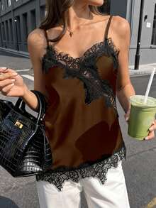 VIVIAN Women's Summer Solid Color Elegant Lace Patchwork Asymmetric Hem Camisole Top, Commuting Wear & Weekend Outings, Vacation Lace Top Casual - Brown - View 2