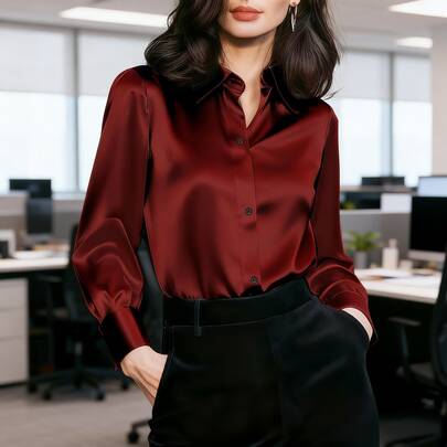 Áo sơ mi nữ thanh lịch bằng vải satin màu trơn, thích hợp cho công sở và thường ngày, chất liệu satin màu đỏ tía cao cấp, thoải mái và đa năng, phù hợp cho văn phòng hoặc các dịp hàng ngày, thích hợp cho mọi mùa xuân.