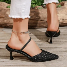 Mesh Floral Pointed Toe Mule Stilettos, Breathable Mesh Upper, Elegant High Heels Suitable For Commuting And Daily Wear - Black - View 3