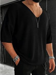 Men's V-Neck Loose Batwing Short Sleeve Knit Pullover - Black - View 3