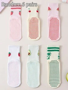 1/3/6 pares de calcetines de yoga para mujer de colores aleatorios, con estampado de cerezas, adecuados para fitness en interiores, danza, pilates, piso del hogar - Multicolor - Ver 4
