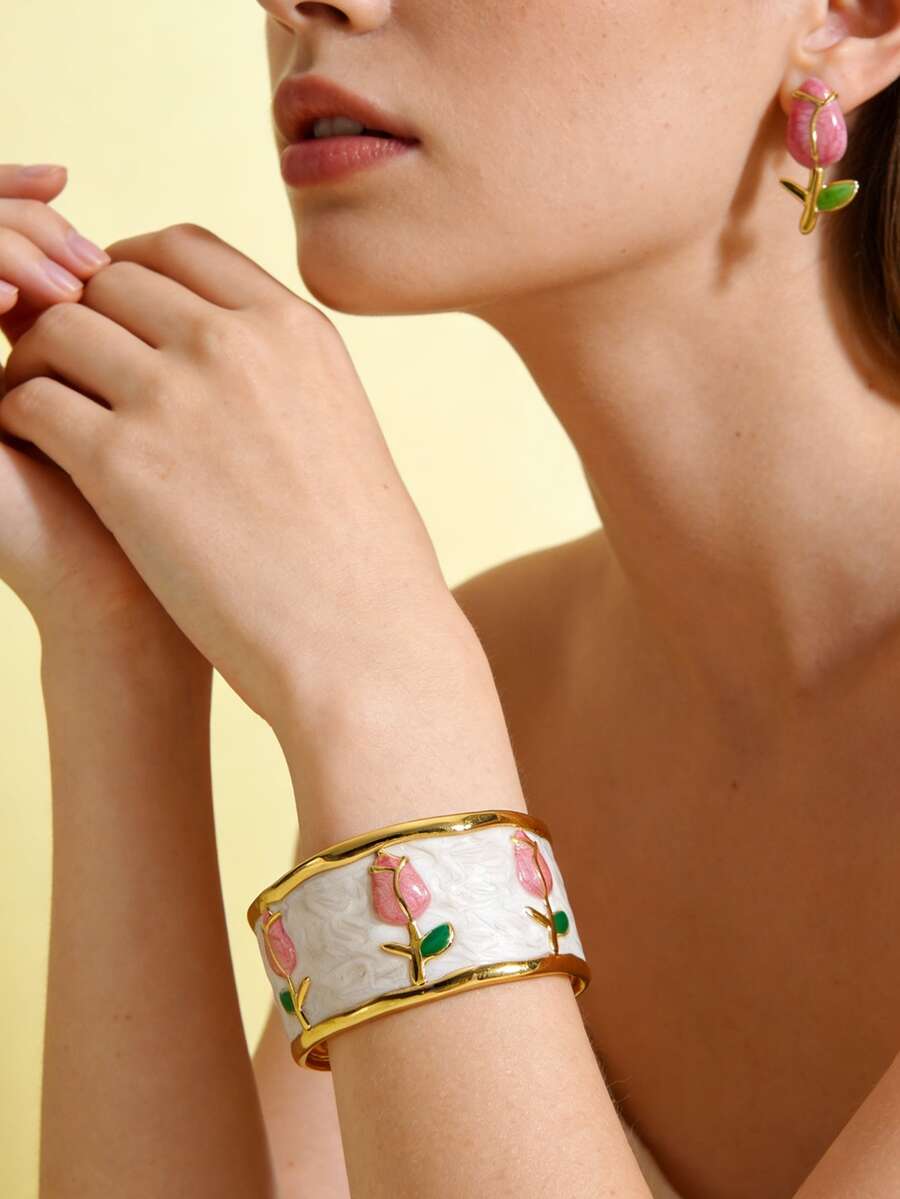 1 Set Of Naturalistic Style Stainless Steel Bracelet And Earrings Decorated With Colorful Enamel Rose Flower Design, Suitable For Women's Fashion Outfits Or As Party/Holiday Gift For Friends - Yellow Gold - View 1