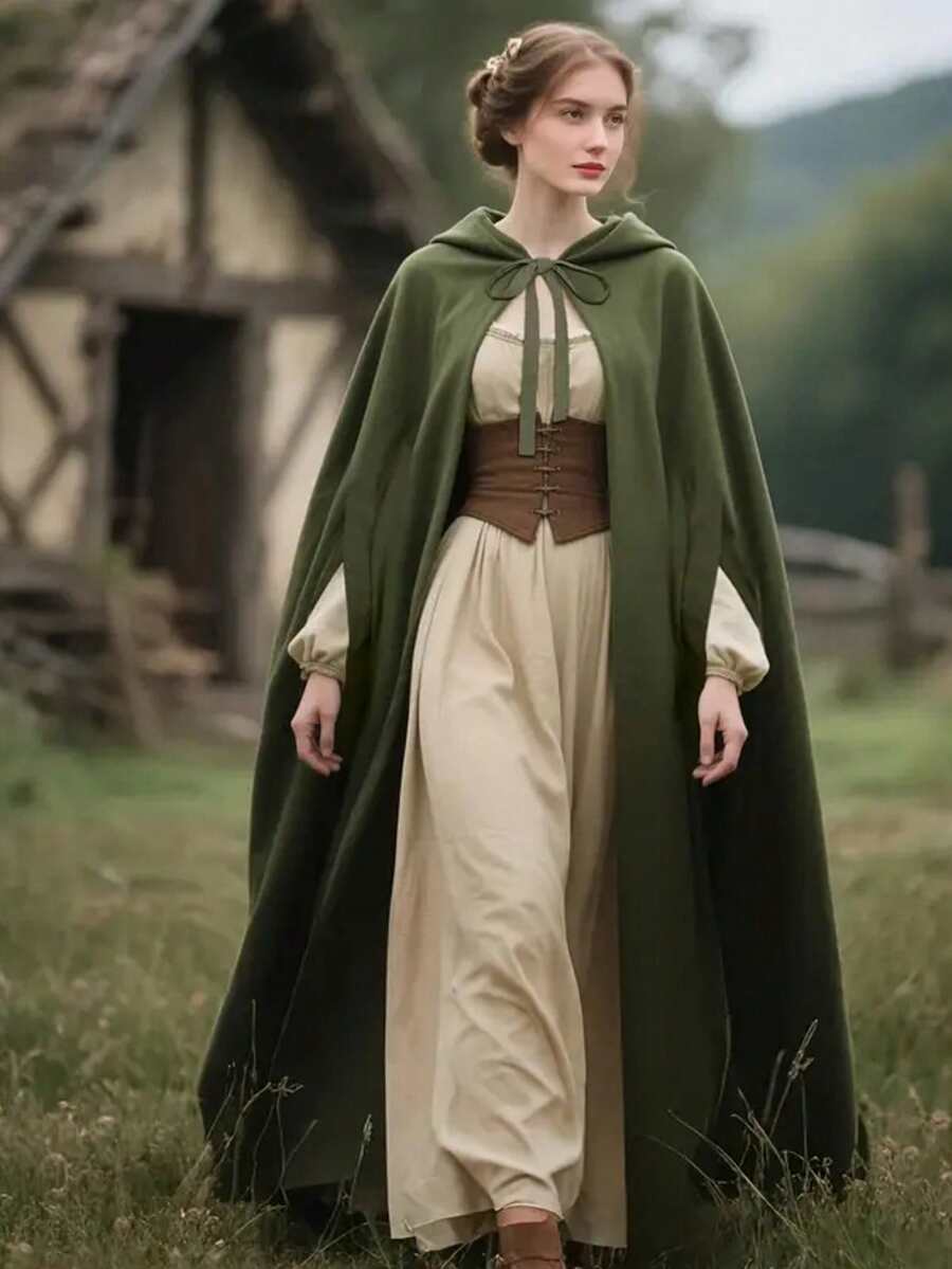 1pc Knitted Fabric Extra Loose Pleated Medieval Hooded Long Robe Wizard Cloak, Suitable For All Seasons Halloween Spring