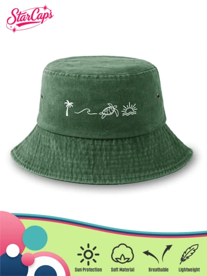 1 Stück Unisex Vintage gewaschener Fischerhut - Minimalistische Strand-Elemente Stickerei mit Palme, Ozeanwelle, Meeresschildkröte & Sonnenuntergang - Armeegrün - Weiche Textur faltbarer Sonnenhut für Sommerurlaub & Reisen
