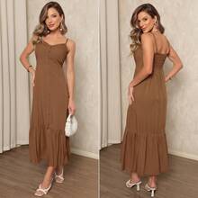 Elegant Women's Long Dress With Padded Cups, Lining, Adjustable Straps, And Front Buttons - 駝色 - 查看 7