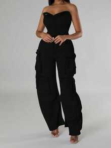 Elegant Women's Black Sleeveless Strapless Unitard Jumpsuit With Pockets, Long Party Style Non-Stretch Fabric - Black - View 1