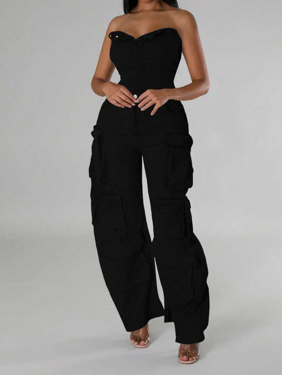 Elegant Women's Black Sleeveless Strapless Unitard Jumpsuit With Pockets, Long Party Style Non-Stretch Fabric - Black - View 1