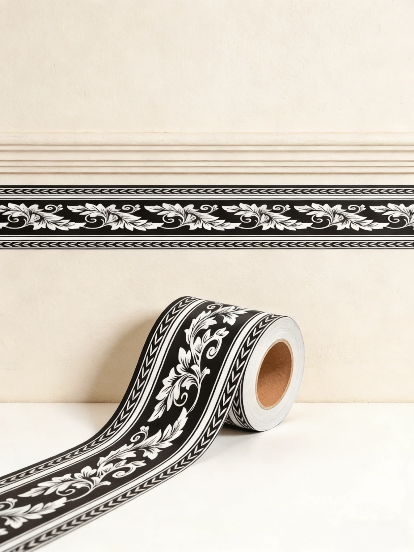 Black & White Embossed Floral Leaf Waistline Sticker, Waterproof & Wear-Resistant, Suitable For Wall And Cabinet Renovation Decoration Strip - Black and White Embossed Floral and Leaf - View 1