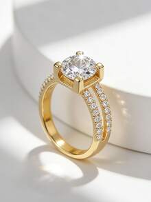 Charm-In Nhẫn đồng mạ vàng 18K kiểu dáng hiện đại, hai vòng, đính đá Cubic Zirconia tròn, thích hợp làm nhẫn đính hôn cho nữ, cưới, kỷ niệm hoặc đeo hàng ngày. - Vàng - Xem 3