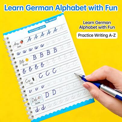 16-seitiges deutsches Handschriftpraxis-Arbeitsheft, geeignet zum Üben von Schreibschrift-Schriftarten, Lernen des deutschen Alphabets, deutsches Kalligraphie-Übungsheft, Schreib-Übungsbuch, liniertes Notizbuch, Übungsheft