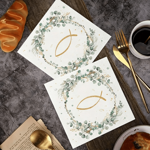 20pcs/40pcs/60pcs Communion Napkins, Eucalyptus Pattern Communion Napkins For Confirmation Ceremony, First Communion Party Decoration, Birthday, Wedding