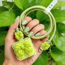 Cute Yellow Bow Decor Data Cable Protector, Compatible With 18/20W Charger Protective Case, Data Cable Protector Cord, Anti- Protector, Charger Accessory, Phone Accessory - Wave Green Five-piece Set - View 3