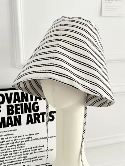 1pc Women's French Tie Vintage Striped Bucket Hat, Face-Slimming Octagonal Cap, Fashionable Versatile Artist Hat, Breathable Openwork Bucket Hat, Sun-Proof Hat, Sun-Shading Basin Hat, Daily Wear