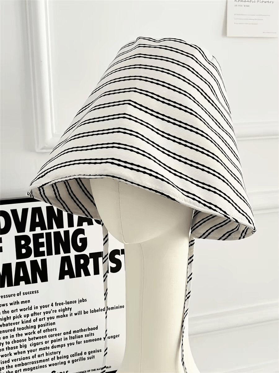 1pc Women's French Tie Vintage Striped Bucket Hat, Face-Slimming Octagonal Cap, Fashionable Versatile Artist Hat, Breathable Openwork Bucket Hat, Sun-Proof Hat, Sun-Shading Basin Hat, Daily Wear