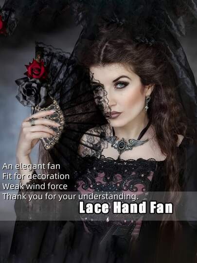 Leque de Mão de Renda Preta Vintage Feminino - Padrão de Rosa, Adequado para Festas de Halloween, Cosplay, Apresentações de Dança, Adereços de Fotografia e Presentes Decorativos para Amigos e Família