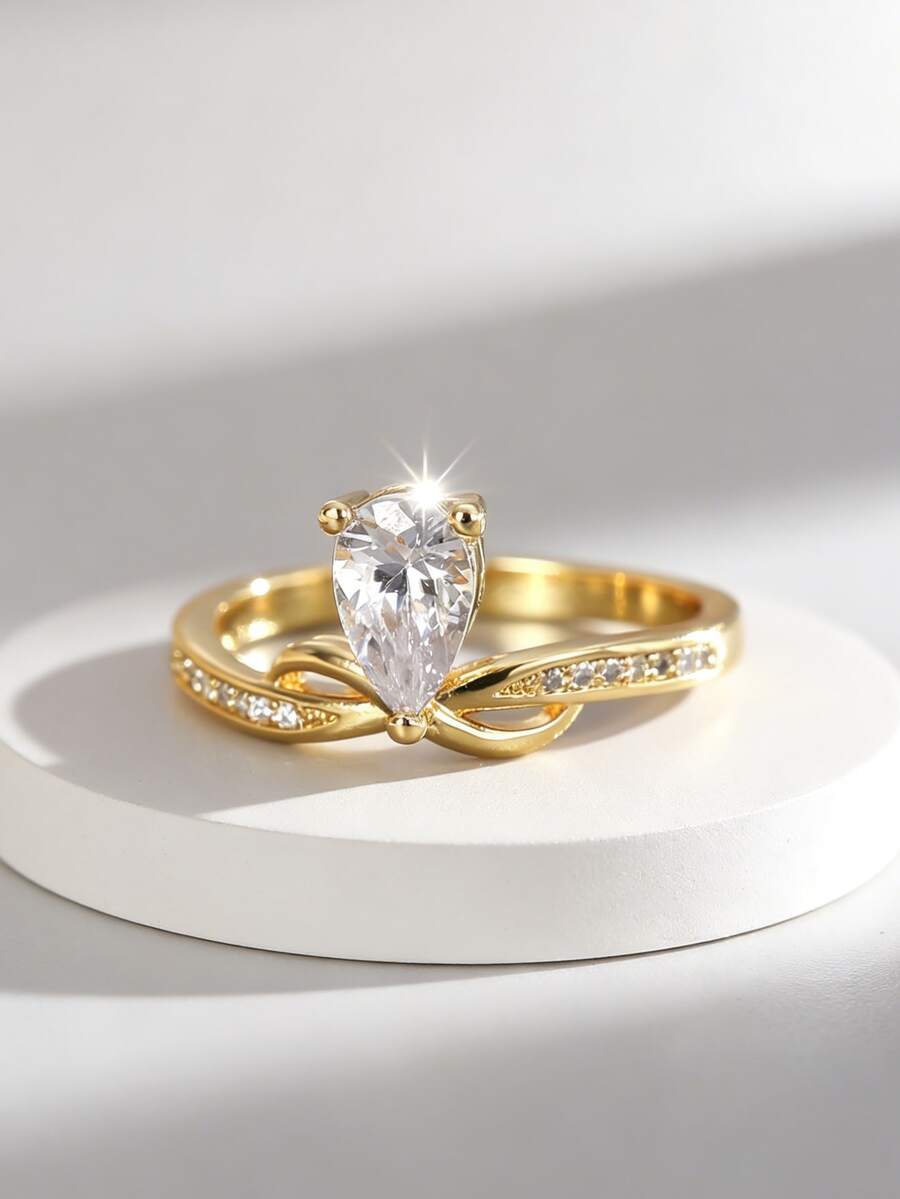 Charm-In 18K Gold Plated Copper Ring Infinity Twist Knot Design Pear Cut Cubic Zirconia Engagement Ring For Women Jewelry - Gold - View 1