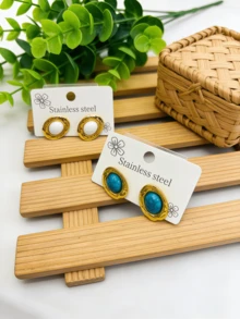 两套奢华复古风轻盈耳环耳钉套装，采用椭圆形虎眼石和不锈钢材质，防水、防褪色、低过敏性，简约优雅设计。 - 彩色 - 查看 3