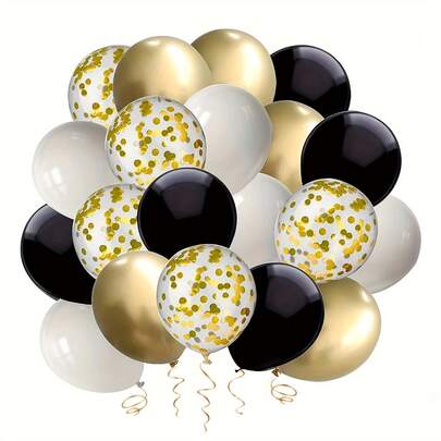 50-Pack Black, White & Golden Latex Balloons With Confetti, Round Balloon Kit For Weddings, Birthdays, Anniversaries, Graduations, Seasonal Celebrations, With Indoor & Outdoor Decor For Father'S Day, Mother'S Day, Spring & Winter Events