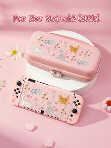 Estuche protector con diseño de gato de dibujos animados y estampado floral ditsy, compatible con New Switch 2 (2025)/Switch NS/Switch OLED/Lite, accesorios para consola de juegos Switch, juego completo que incluye estuche de transporte, base con ranura para tarjetas, caja de almacenamiento de tarjetas de juego, mejor regalo para jugadores de Switch - Multicolor - Ver 1