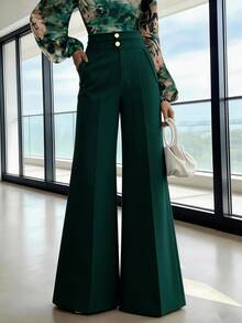 Stylish And Urban Suit Trousers With A High Waist And Flared Leg, Double-Breasted Button Closure, Casual Business Attire, Spring/Summer. - 軍綠色 - 查看 2