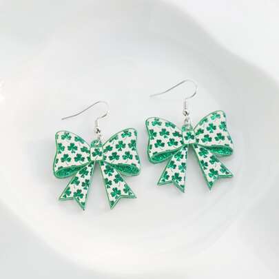 1 Pair Fashionable Acrylic St. Patrick's Day Bow Earrings, Suitable For Women's Daily Decoration