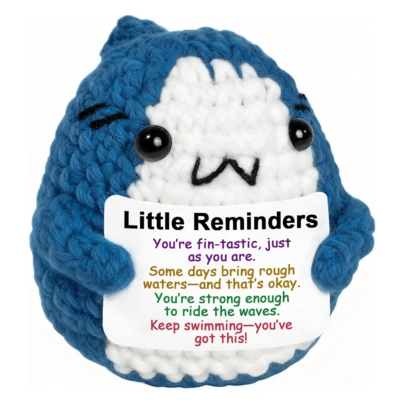 1pc Handmade Crochet Positive Shark Plush Doll, Creative Holiday Birthday Soft Stuffed Animal Gift, Emotional Encouragement Decor Figurine, Positive Duck, Cat, Penguin Plush Doll Gift For Friends, Couples, Classmates On Valentine's Day, Birthday