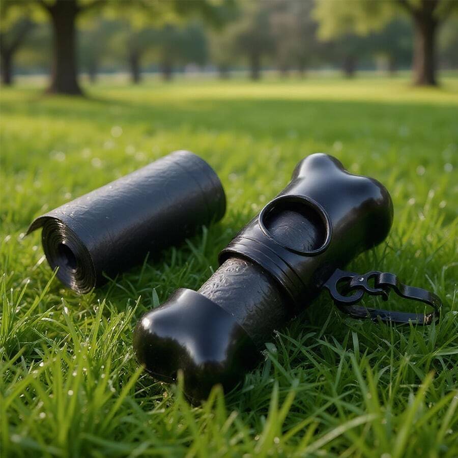 1个黑色骨头形状垃圾袋分配器（含垃圾袋），宠物狗粪便铲，每卷15个垃圾袋/宠物用品 - 查看 1