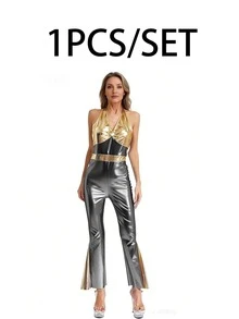 70s Retro Glitter Halterneck Jumpsuit | Gold To Grey Ombre, Modern Disco Dress For Women - Multicolor - View 5