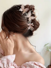 Lightweight Sheer Butterfly Beaded Hair Claw Clip, Atmospheric Spring/Summer Hair Accessory - Pink - View 2