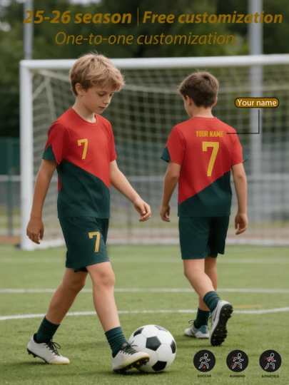 2pcs Customized Name Personalized Kids Football Jersey Set - Crew Neck Short Sleeve Shirt And Shorts, Quick Dry Breathable Polyester, Suitable For Sports, Training And Casual Wear, Outdoor Perfect Choice