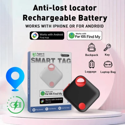 RSH Etiqueta rastreadora inteligente sin enredos 2 en 1 Nuevo sistema dual Etiqueta de aire Batería recargable USB-C Localizador anti-pérdida Compatible con iPhone Find My y Android Find Hub Buscador de artículos Etiqueta inteligente para equipaje, llaves, billetera, etc. Con recordatorio de pérdida Regalo de primavera Cumpleaños