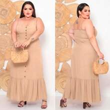 Elegant And Comfortable Women's Plus Size Dress, Plain, With Built-In Bra Cups, Adjustable Straps, And Front Buttons. - 米色 - 查看 5