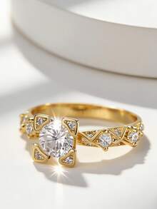 Charm-In 18K Gold Plated Copper Ring Geometric Square Prong Setting Round Cut Cubic Zirconia Engagement Ring For Women Wedding Jewelry - Gold - View 1