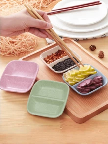 1 pieza Plato de condimentos para el hogar y la cocina, plato cuadrado de plástico creativo con 2 compartimentos integrados para salsas de inmersión, plato pequeño para encurtidos, vajilla para salsas de inmersión y aperitivos - Ver 4